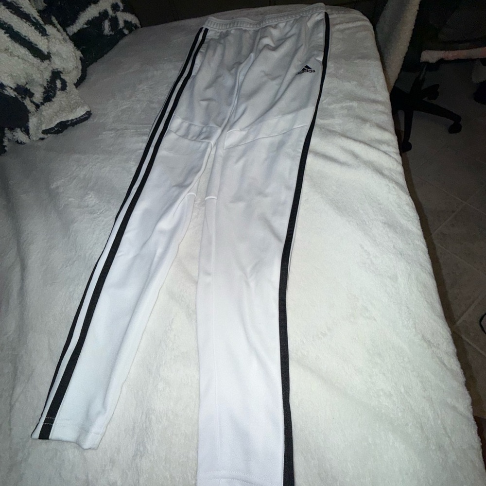 Adidas Men's White Joggers with Black Stripes